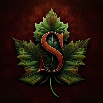 Graphic alphabet letters: Letter S with green leaves on dark background. 3d illustration.