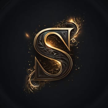 Graphic alphabet letters: S letter with gold ornament and fire effect, isolated on black background.