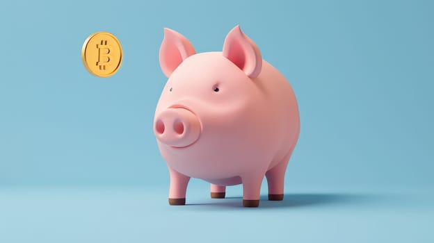 A pig with gold coin dropping, Gold coins drop down to a pink piggy, 3D illustration minimalistic style.