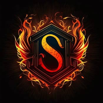 Graphic alphabet letters: Shield with letter S made of fire flames on black background. Vector illustration.