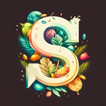 Graphic alphabet letters: Colorful letter S with fruits and leaves. Colorful vector illustration.