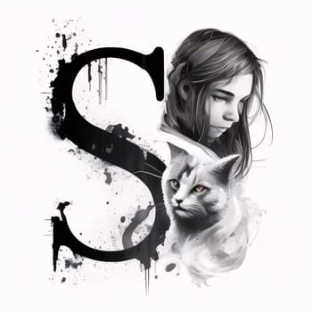 Graphic alphabet letters: Beautiful girl with a cat on a white background. Digital painting.