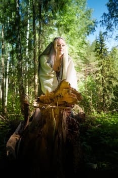 Beautiful seductive dryad. Pagan spirit of forest. Portrait of beautiful dryad. Fairy who loves nature in beautiful green summer forest. Concept of environmental friendliness and caring for nature