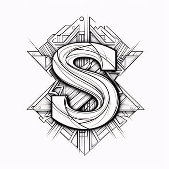 Graphic alphabet letters: Letter S with decorative elements. Vector illustration. Tattoo design.