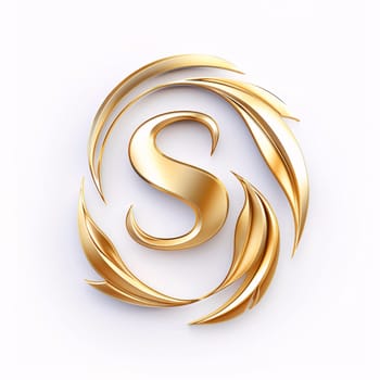 Graphic alphabet letters: 3d render of golden letter S in circle on white background.