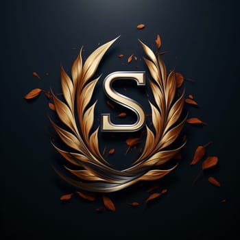 Graphic alphabet letters: Golden laurel wreath with letter S on black background. Vector illustration.