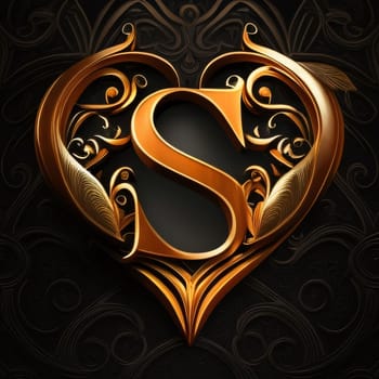 Graphic alphabet letters: Gold letter S in the shape of a heart on a black background.