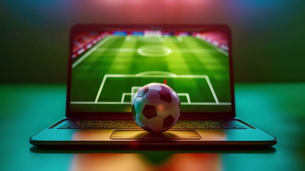 Online Sports Betting Banner with Mobile App and Soccer Field on Screen.