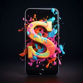 Graphic alphabet letters: Mobile phone with colorful splash letter S on black background. 3D Rendering