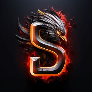 Graphic alphabet letters: Letter S in the form of a fiery bird with flames on a black background