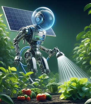 robot working in the farm vegetable garden to grow produce for human consumption ai generated