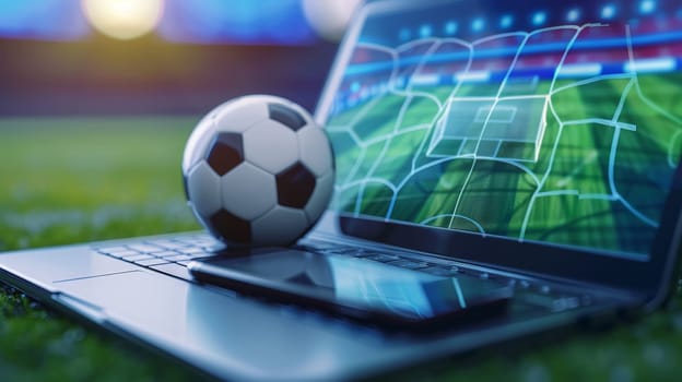 Interactive Sport Betting Online Banner with Soccer Theme on Mobile Phone and Laptop Display.