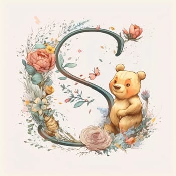 Graphic alphabet letters: S letter with bear and flowers. Hand drawn watercolor illustration.