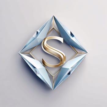 Graphic alphabet letters: 3d rendering of a blue diamond with golden letter S in it