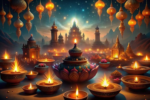 Deepak lights on dewali. Front view of traditional Indian oil lamps. Ai generated illustration