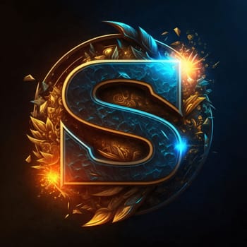 Graphic alphabet letters: Symbol letter S in fire and flames on a dark background.