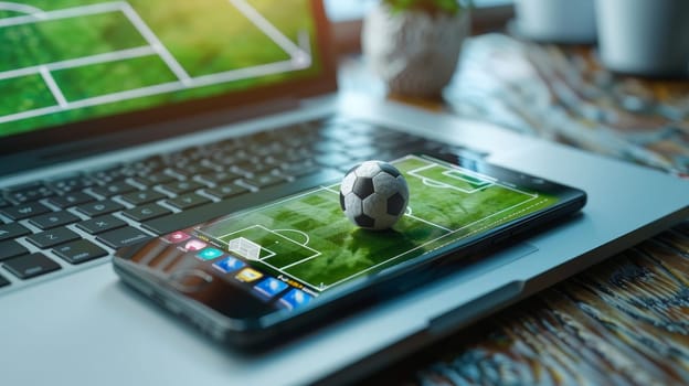 Interactive Sport Betting Online Banner with Soccer Theme on Mobile Phone and Laptop Display.