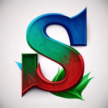 Graphic alphabet letters: 3D Letter in the style of red and blue with green leaves