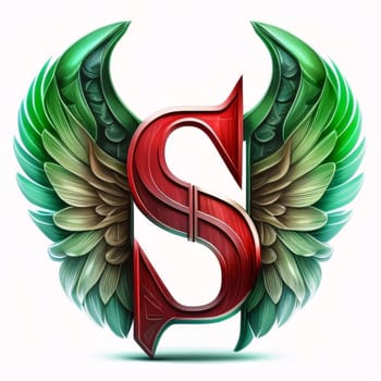 Graphic alphabet letters: Letter S with green and red winged font. 3D rendering