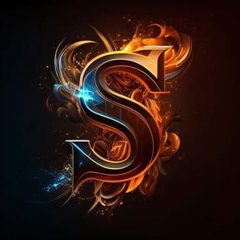 Graphic alphabet letters: S letter in fire flame style on black background. Vector illustration.