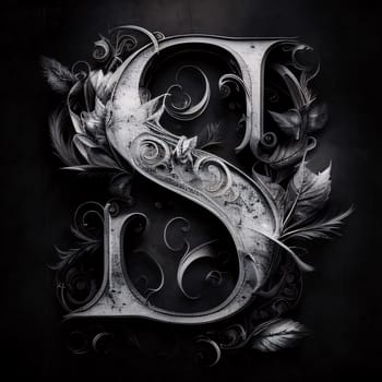 Graphic alphabet letters: ornamental letter s in the style of baroque on a black background