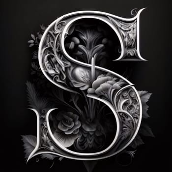 Graphic alphabet letters: 3d illustration of the letter S with floral ornament on black background