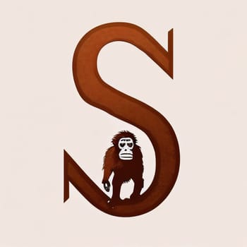Graphic alphabet letters: Chimpanzee climbing up the letter S. Vector illustration.