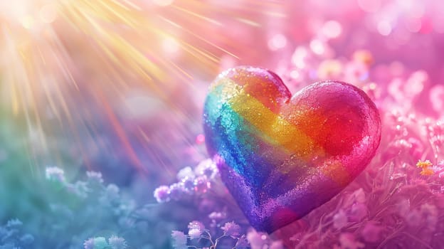 An artistic wallpaper showcasing a rainbow-colored heart with rays of light radiating outward, set against a soft, pastel background, representing love and pride.