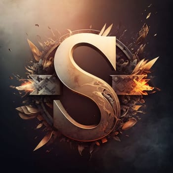 Graphic alphabet letters: Burning letter S in the shape of a shield on a dark background