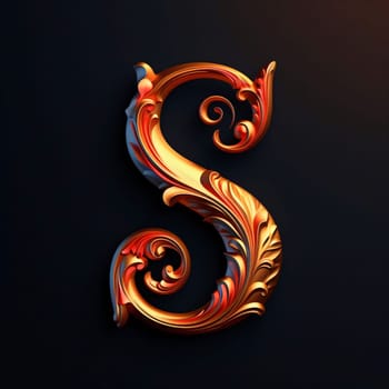 Graphic alphabet letters: Decorative 3D capital letter S on black background. 3D rendering