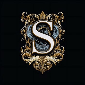 Graphic alphabet letters: Vintage letter S in the style of Baroque on a black background.