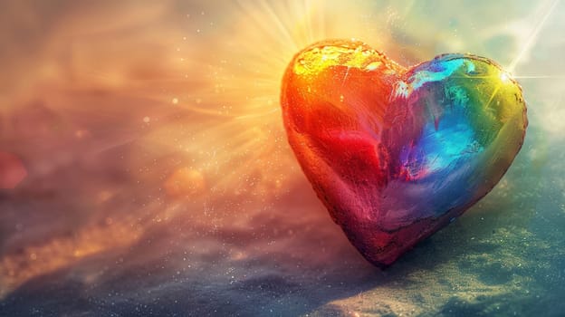 An artistic wallpaper showcasing a rainbow-colored heart with rays of light radiating outward, set against a soft, pastel background, representing love and pride.