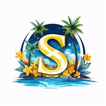 Graphic alphabet letters: Font design for word s with palm tree and island in the ocean