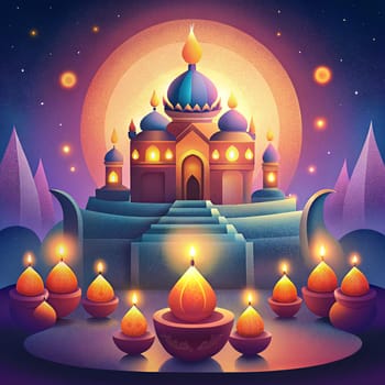 Happy Diwali. Deepak lights on Diwali in the background of an Indian palace. Square illustration of traditional Indian oil lamps. Ai generated image