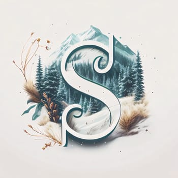 Graphic alphabet letters: Alphabet letter S with forest and mountains on white background, lettering