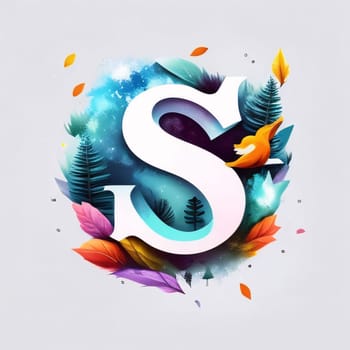 Graphic alphabet letters: S letter with leafs and birds on abstract background. Vector illustration.