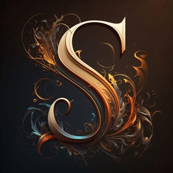 Graphic alphabet letters: 3d illustration of golden letter S with floral ornament on black background