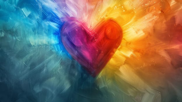 An artistic wallpaper showcasing a rainbow-colored heart with rays of light radiating outward, set against a soft, pastel background, representing love and pride.