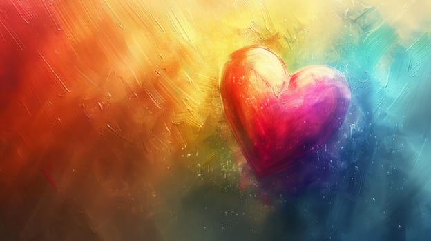 An artistic wallpaper showcasing a rainbow-colored heart with rays of light radiating outward, set against a soft, pastel background, representing love and pride.