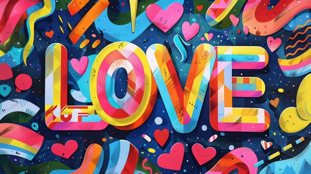 A bright and celebratory poster with bold rainbow stripes and the word love in large, colorful letters, surrounded by abstract, festive shapes and pattern.