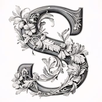 Graphic alphabet letters: 3D render of capital letter S in Victorian style decorated with floral elements.
