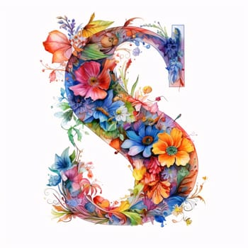 Graphic alphabet letters: Colorful letter S of the English alphabet with summer flowers and butterflies