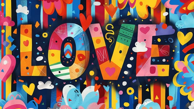 A bright and celebratory poster with bold rainbow stripes and the word love in large, colorful letters, surrounded by abstract, festive shapes and pattern.