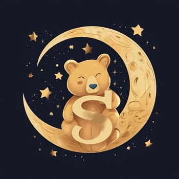 Graphic alphabet letters: Cute teddy bear sitting on a crescent moon with the letter S.