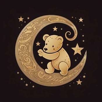 Graphic alphabet letters: Cute teddy bear sitting on the moon. Vector illustration.