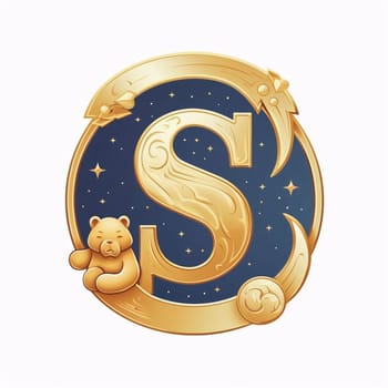 Graphic alphabet letters: Golden letter S with teddy bear on a starry background.