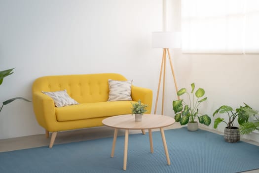 Interior design of a industrial loft with yellow couch. High quality photo