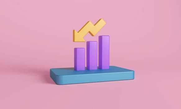 3D illustration featuring a set of purple bar graphs with a yellow arrow pointing upwards, symbolizing progress and upward trends, against a pastel pink background.