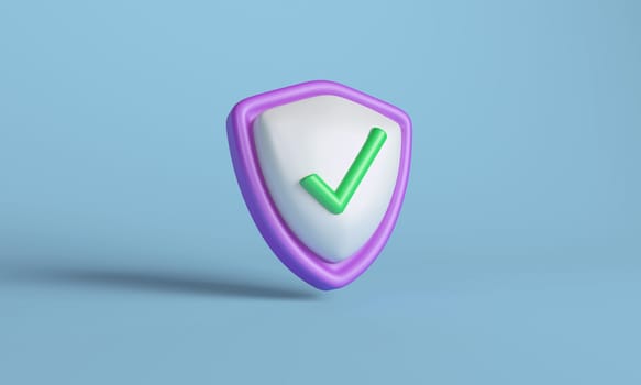 3D illustration of a security shield featuring a prominent green check mark, Concept protection and approval.