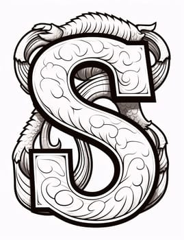 Graphic alphabet letters: Alphabet S in Victorian Style. Black and white vector illustration.